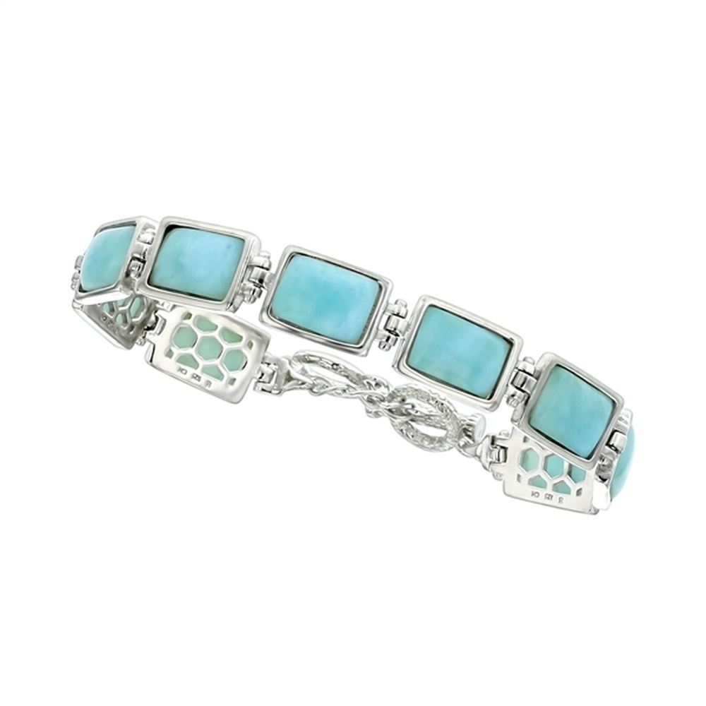 925 Sterling Silver Larimar Rectangle Bar Link Toggle Bracelet 7.5"